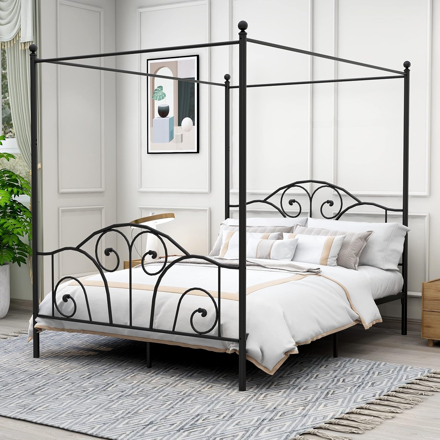 Canopy Bed Frame Metal Queen - โครงเตียงโลหะขนาดควีนไซส์พร้อมหัวเตียงและท้ายเตียง แข็งแรง ทนทาน ไม่ต้องใช้ฐานรองที่นอน สามารถปรับแต่งได้