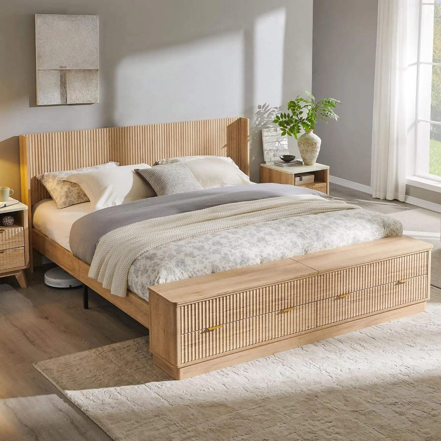 King Size Bed Frame With Storage Drawers - โครงเตียงคิงไซส์แบบมีลายลูกฟูกพร้อมหัวเตียงและม้านั่งเก็บของ | ดีไซน์แบบวิงแบ็ค, ลิ้นชักและช่องเก็บของที่ฐานเตียง, ไม้และเหล็ก