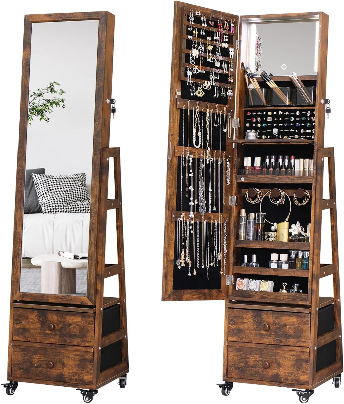 Full Length Mirror Jewelry Armoire - ตู้เก็บเครื่องประดับแบบหมุนได้พร้อมกระจกแต่งหน้า ตู้เก็บเครื่องประดับแบบมีกุญแจล็อค กระจกเต็มตัวพร้อมที่เก็บของ ตู้เก็บเครื่องประดับแบบตั้งพื้นพร้อมกระจก