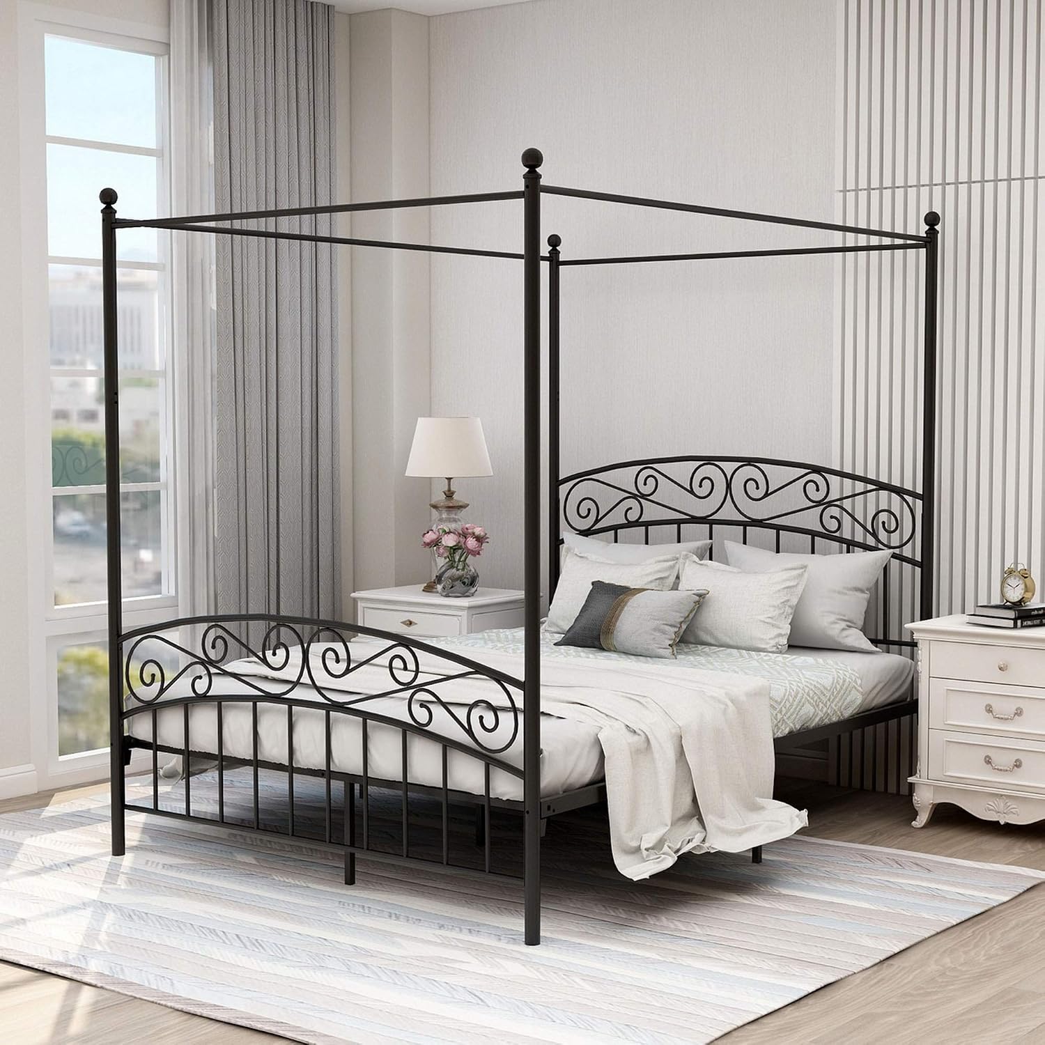 Canopy Bed Frame Metal Queen - โครงเตียงโลหะขนาดควีนไซส์พร้อมหัวเตียงและที่วางเท้า, โครงสร้างแข็งแรง, ประกอบง่าย, ปรับแต่งได้