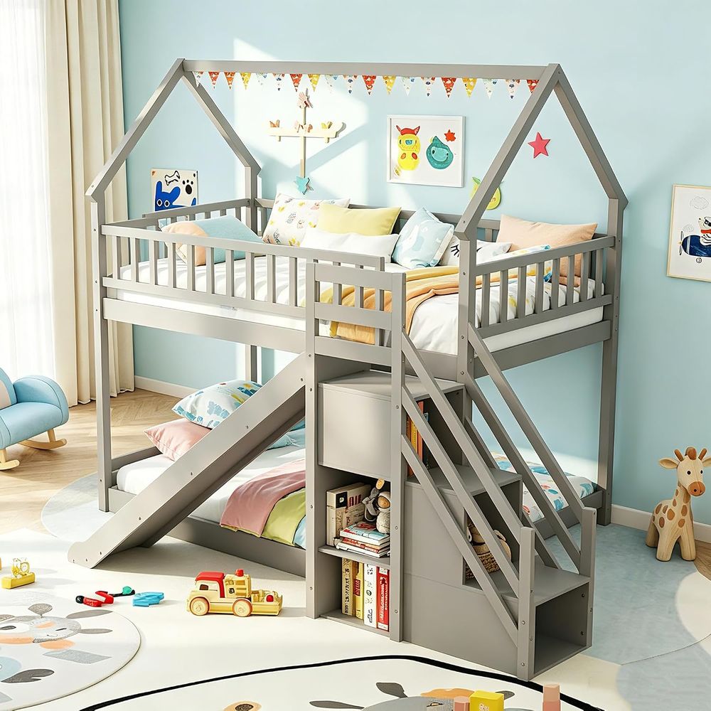 Bunk Bed With Stairs And Slide - เตียงสองชั้นแบบ Twin Over Twin พร้อมสไลด์และบันได, เตียงไม้สองชั้นพร้อมชั้นวางของ,