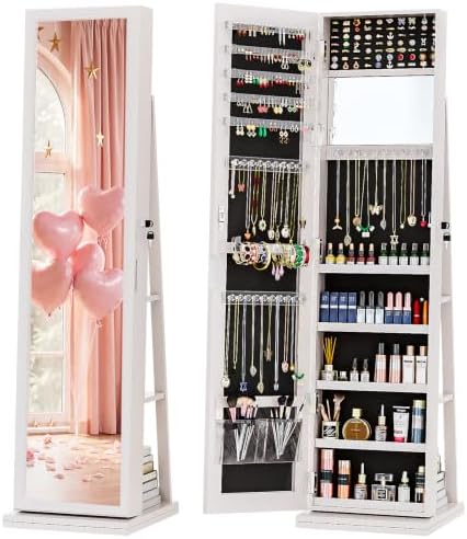 Full Length Mirror Jewelry Armoire - ตู้เก็บเครื่องประดับ 4-in-1 แบบตั้งพื้นพร้อมกุญแจล็อค สีขาว | ตู้เก็บเครื่องประดับพร้อมที่เก็บของ
