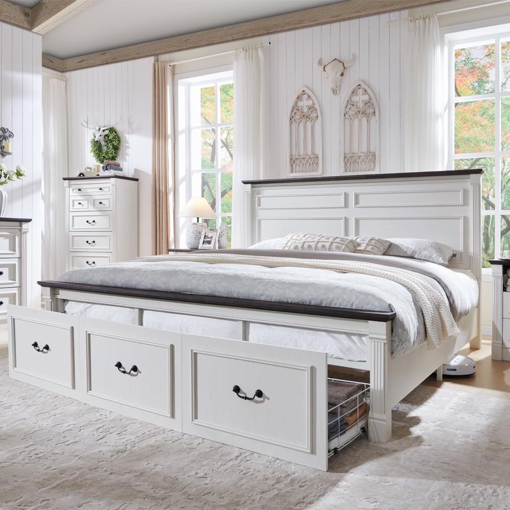 King Size Bed Frame With Storage Drawers - โครงเตียงขนาดคิงไซส์สไตล์ฟาร์มเฮาส์พร้อมหัวเตียงสูง 51 นิ้ว สีขาวแอนทีค | โครงเตียงไม้แบบแพลตฟอร์มสูง