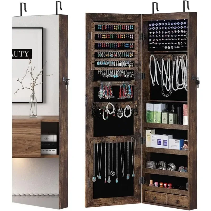 Full Length Mirror Jewelry Armoire - ตู้เก็บเครื่องประดับแบบกระจกเต็มตัว พร้อมไฟ LED 6 ดวง ตู้เก็บเครื่องประดับแบบแขวนผนังหรือแขวนประตู
