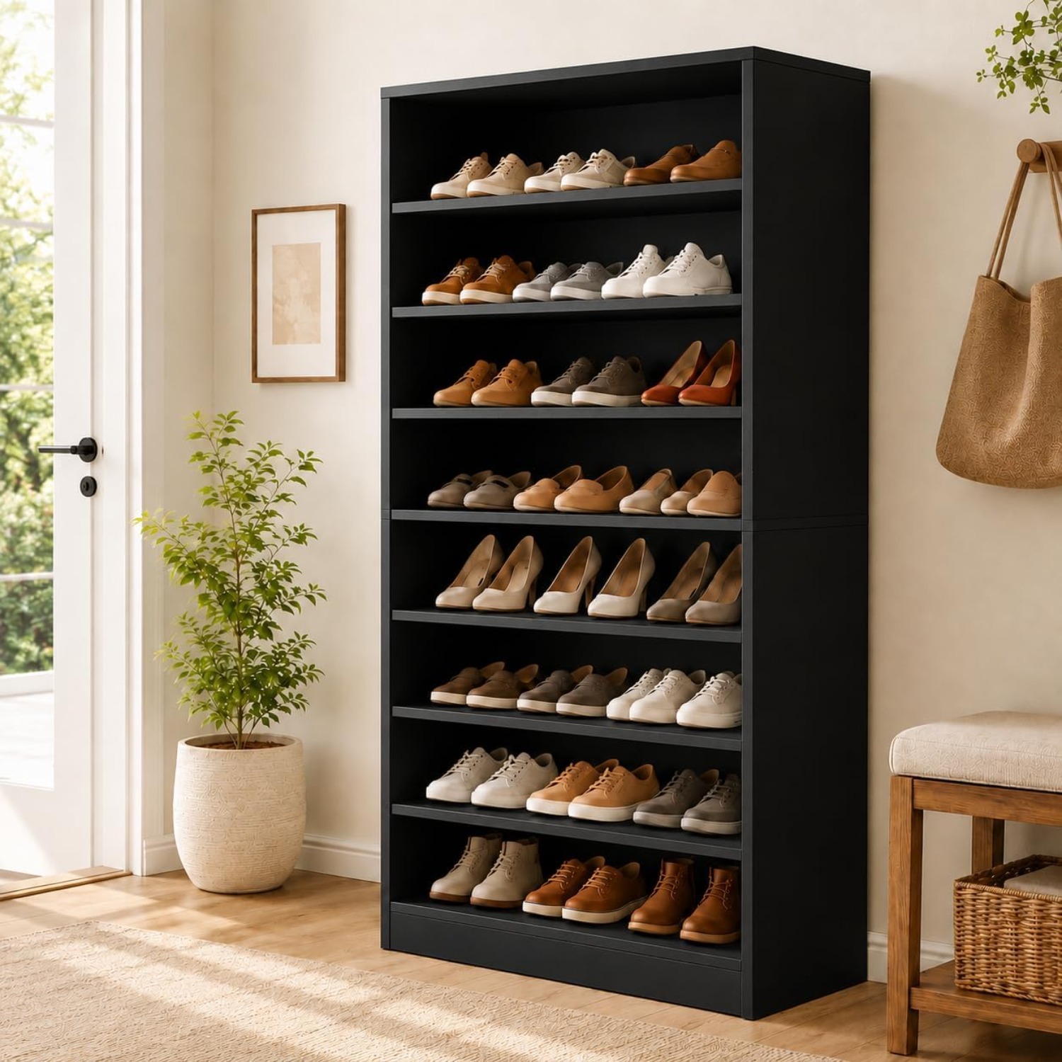 Shoe Rack Cabinet Narrow Entryway - ตู้เก็บรองเท้าทรงสูง 9 ชั้นสำหรับตู้เสื้อผ้าและทางเข้าบ้าน สีดำ | ตู้เก็บรองเท้าไม้ทรงแคบ