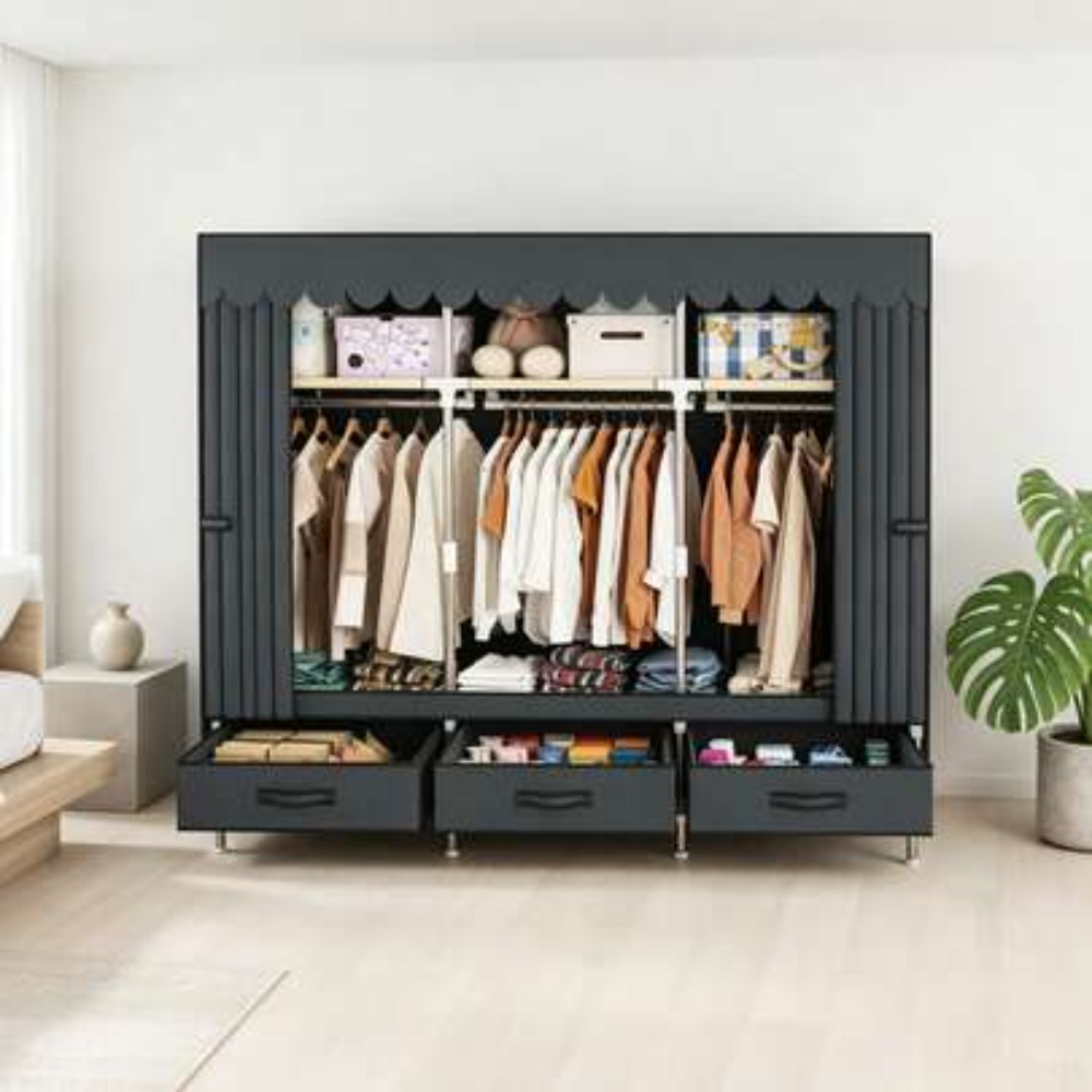 Wardrobe Closet Portable Fabric Cover - ตู้เสื้อผ้าแบบพกพาพร้อมโครงเหล็กหนา 16 มม. และผ้าคลุมกันน้ำ, ราวแขวนเสื้อผ้าแบบตั้งพื้นพร้อมราวแขวน 3