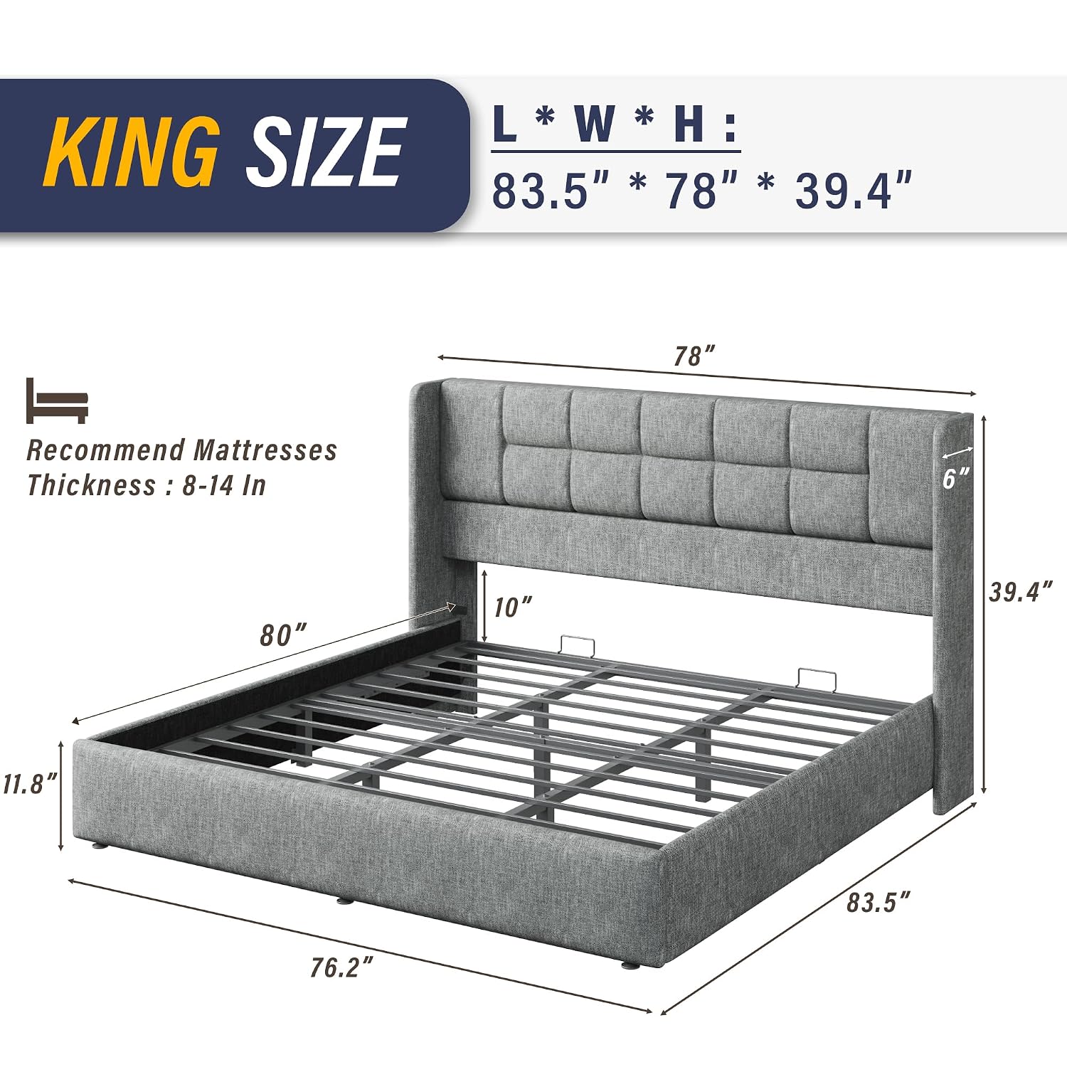 Gas Lift Storage Bed Hydraulic - โครงเตียงคิงไซส์พร้อมระบบยกไฮดรอลิกและที่เก็บของแบบหุ้มเบาะ ปรับแต่งได้ตามต้องการ