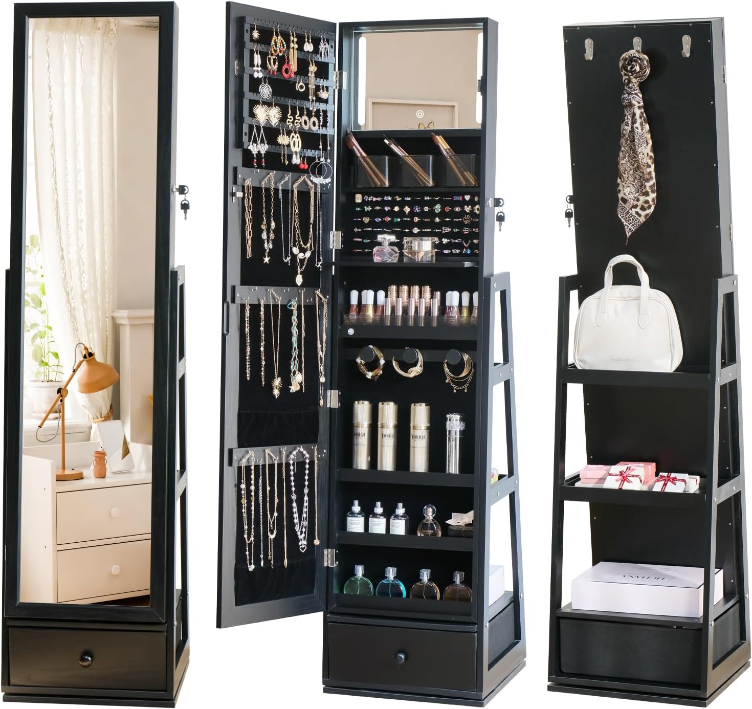 Full Length Mirror Jewelry Armoire - ตู้เก็บเครื่องประดับแบบตั้งพื้นพร้อมกระจกในตัว ตู้เก็บเครื่องประดับแบบมีลิ้นชักพร้อมระบบล็อค ชั้นวางของพร้อมกระจก สีดำ