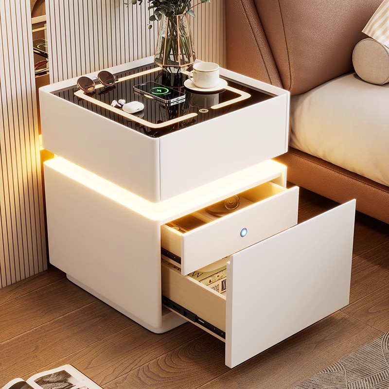 Solid Wood Nightstand 2 Drawers - โต๊ะข้างเตียงอัจฉริยะพร้อมไฟเซ็นเซอร์ โต๊ะข้างเตียงไม้สำหรับห้องนอน ชาร์จไร้สาย ประกอบสำเร็จ 3 ลิ้นชัก