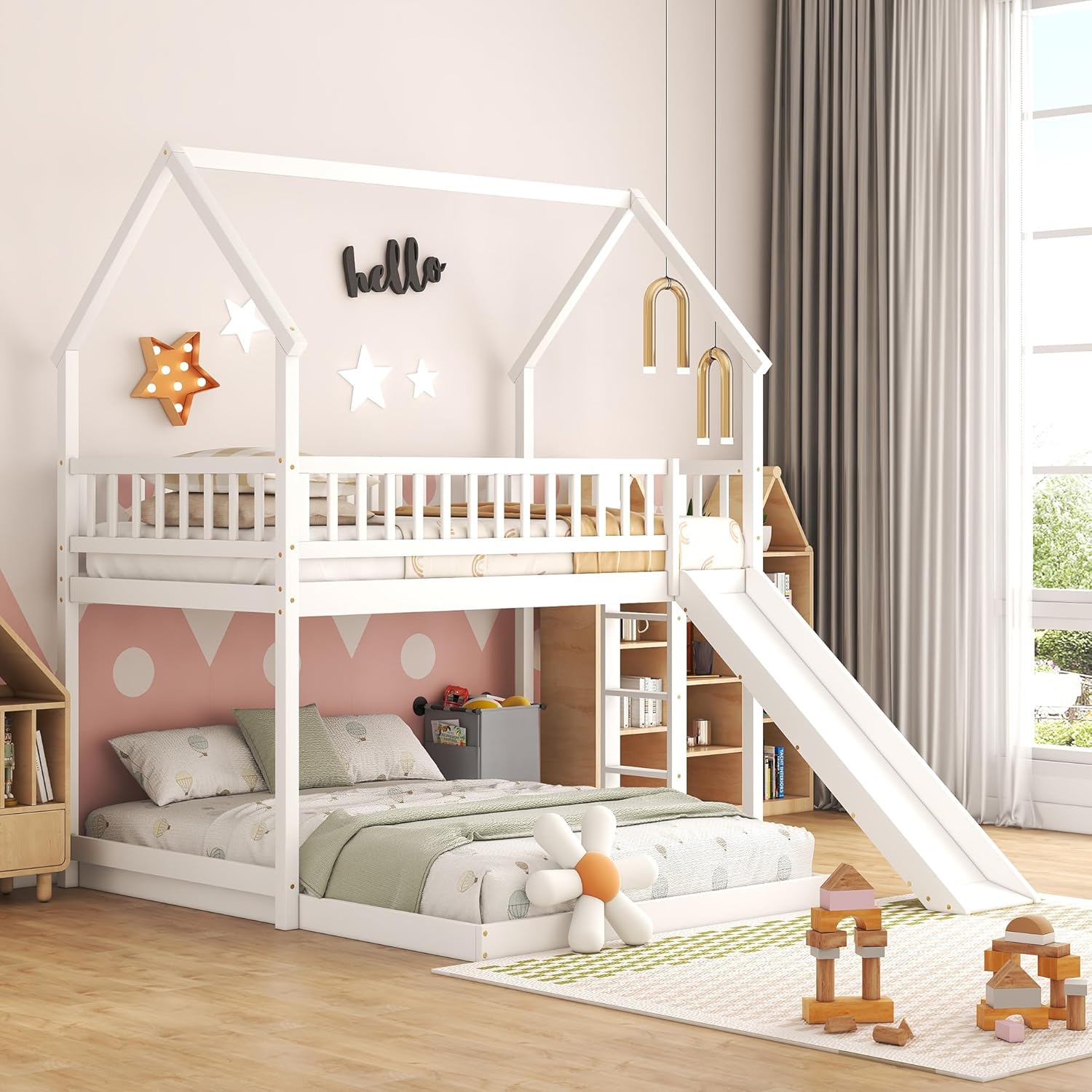 Bunk Bed With Stairs And Slide - เตียงสองชั้นพร้อมบันไดและสไลด์ | เตียงสองชั้นแบบไม้สำหรับห้องนอน สีขาว ปรับแต่งได้