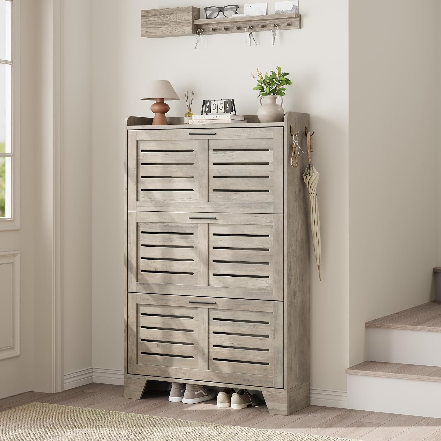 Shoe Rack Cabinet Narrow Entryway - ตู้เก็บรองเท้าแบบตั้งพื้น 3 ลิ้นชักแบบพับได้ พร้อมตะขอแขวน 2 ด้าน