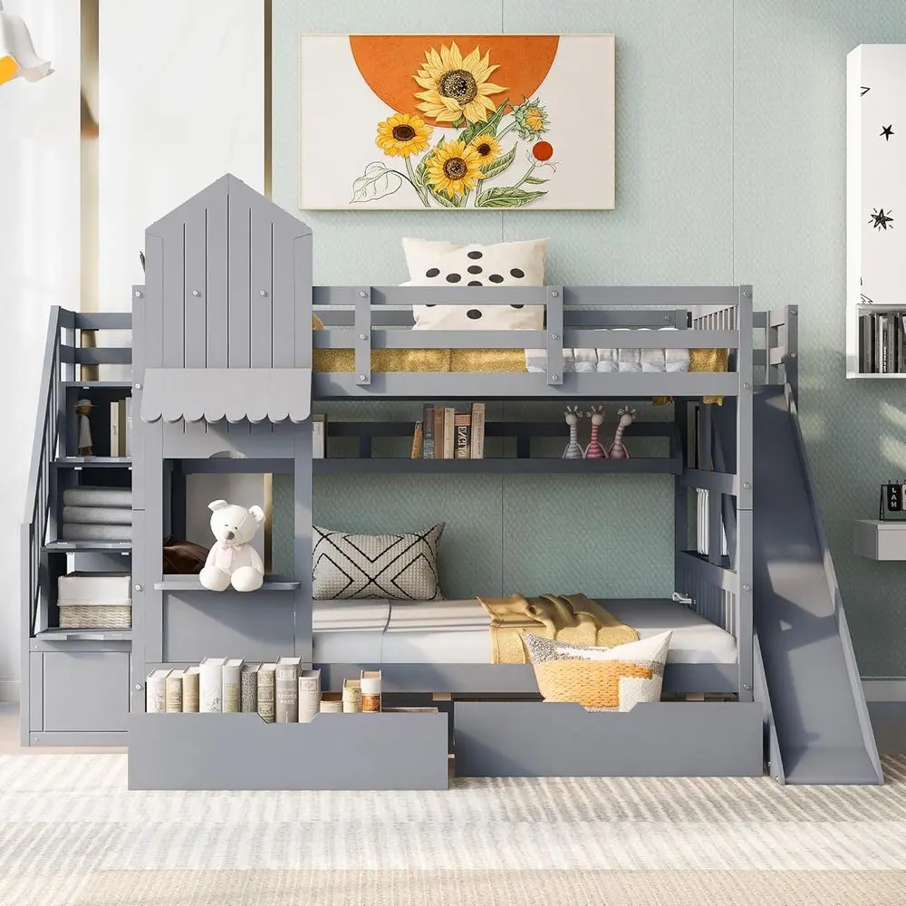 Bunk Bed With Stairs And Slide - เตียงสองชั้นขนาดใหญ่พร้อมบันได สไลด์ ลิ้นชักเก็บของ และชั้นวางหนังสือ - สีเทา