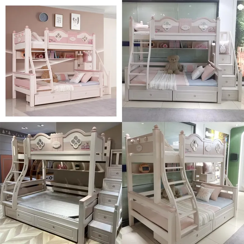 Bunk Bed With Stairs And Slide - เตียงสองชั้นสำหรับเด็กสไตล์เจ้าหญิงสุดหรูพร้อมสไลด์และบันได ดีไซน์ใหม่ เฟอร์นิเจอร์ห้องนอนเด็กทำจากไม้เนื้อแข็งสำหรับวิลล่าเด็ก