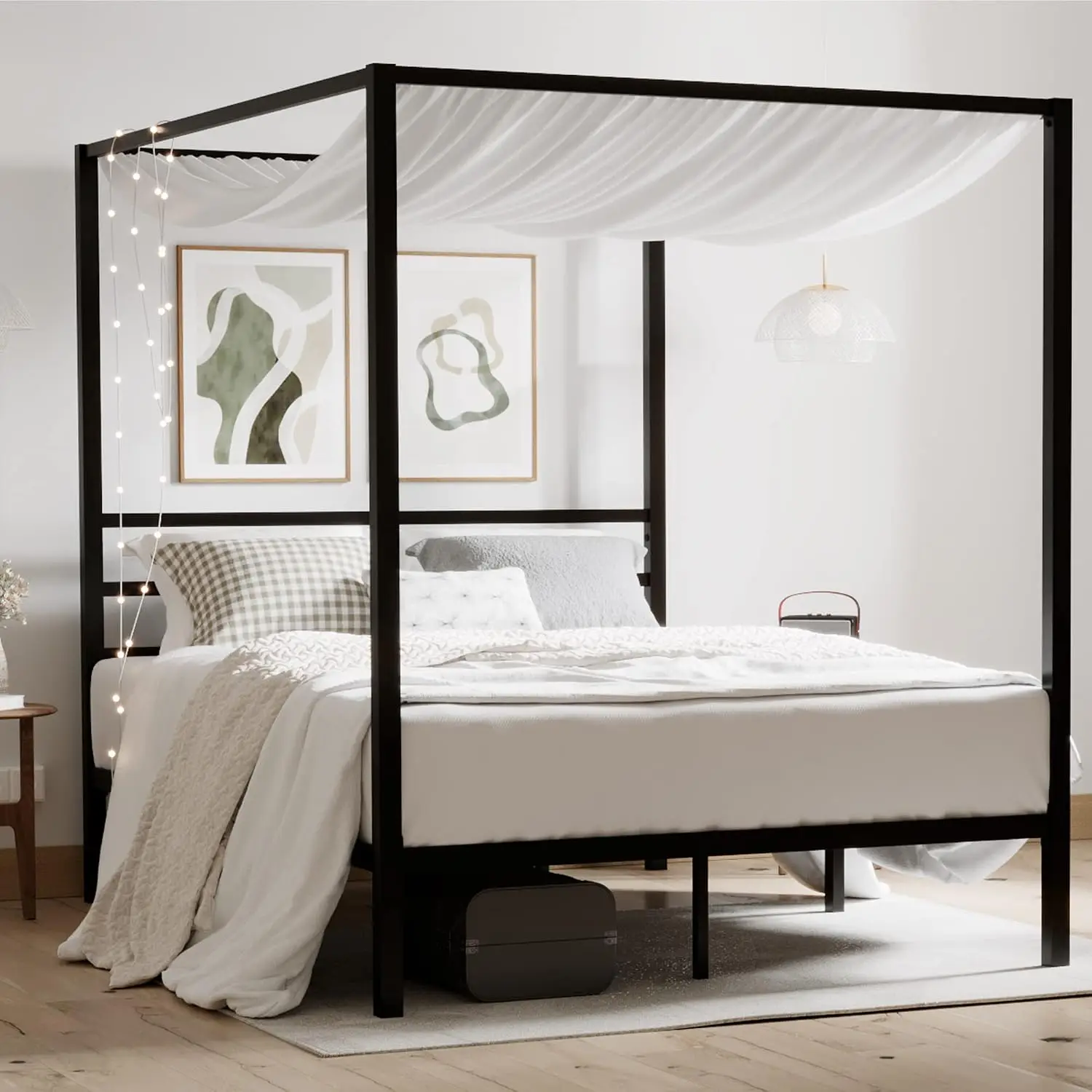 Canopy Bed Frame Metal Queen - โครงเตียงเหล็กแบบมีหลังคา ขนาดควีนไซส์ รองรับน้ำหนักได้ดี สีดำ | เตียงแพลตฟอร์มสี่เสาแบบโมเดิร์น,