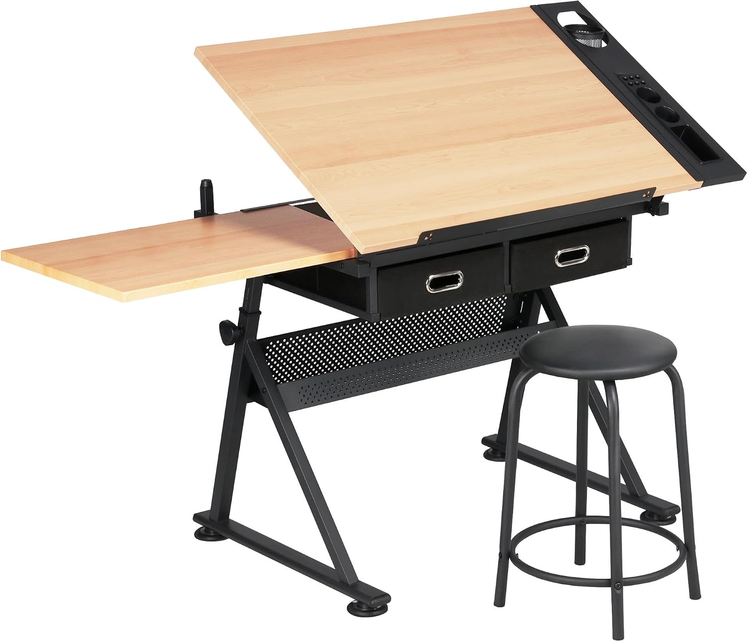 Office Furniture - โต๊ะเขียนแบบปรับระดับได้พร้อมเก้าอี้เข้าชุด, โต๊ะวาดภาพปรับเอียงได้พร้อมลิ้นชักเก็บของสำหรับโฮมออฟฟิศหรือสตูดิโอ, เฟอร์นิเจอร์ศิลปินสไตล์โมเดิร์น, สีไม้, ชุดสองชิ้น