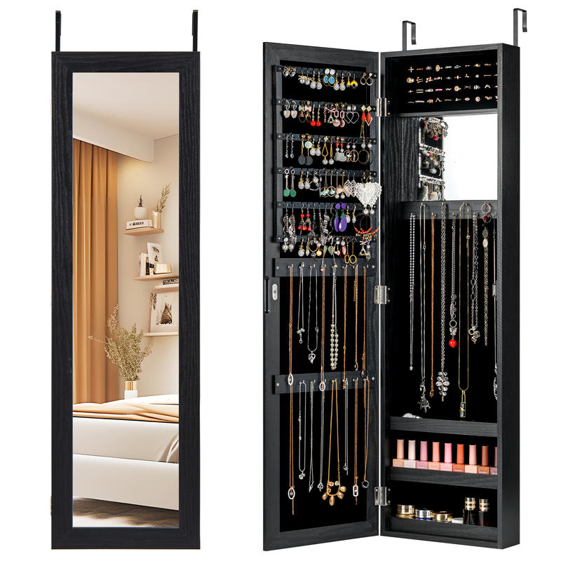 Full Length Mirror Jewelry Armoire - ตู้เก็บเครื่องประดับแบบติดผนัง ทำจากไม้อัดเอ็มดีเอฟ พร้อมกระจกเต็มตัวและไฟ LED, ช่องใส่แหวน 40