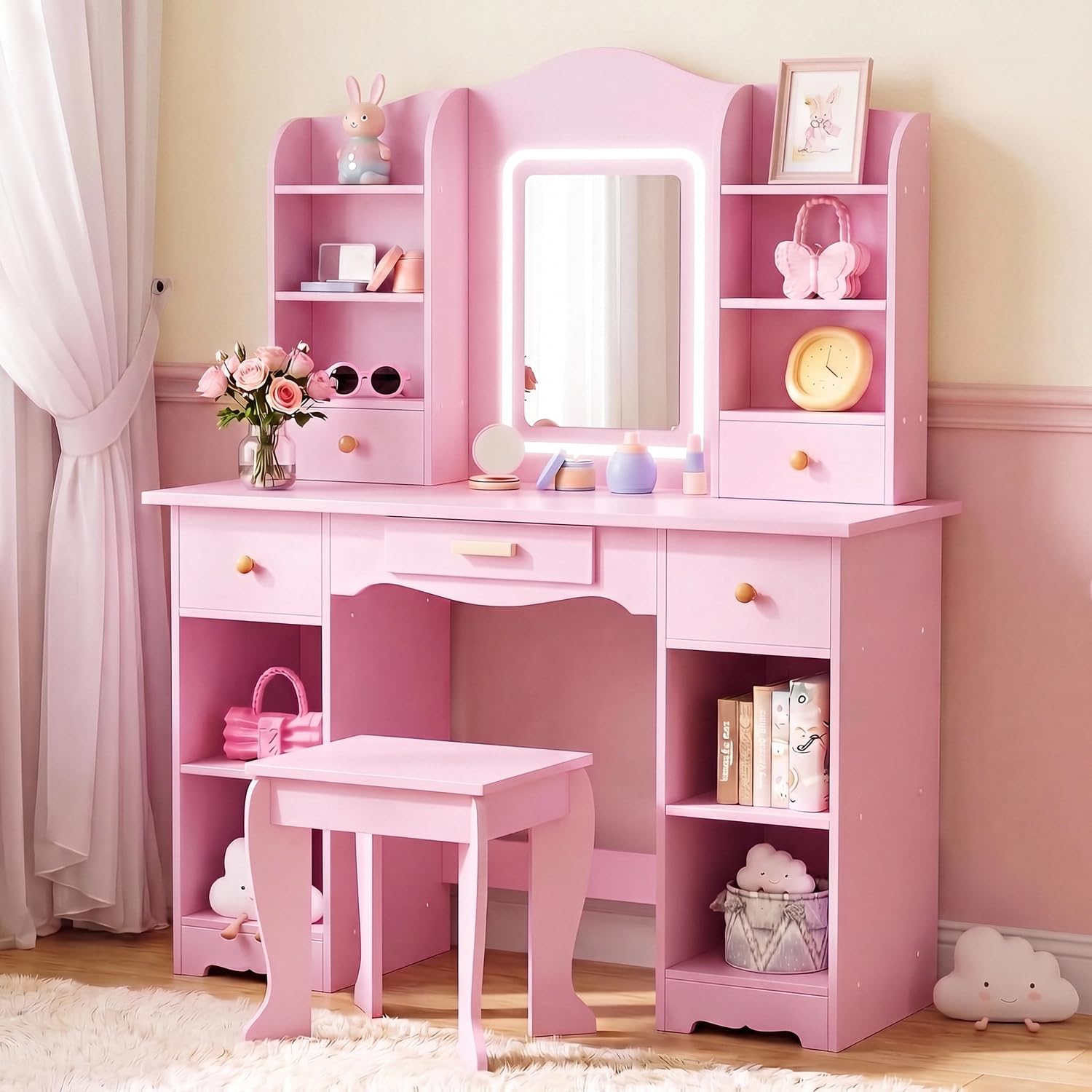 Dressing Table Vanity With Lighted Mirror - โต๊ะเครื่องแป้งสำหรับเด็กพร้อมไฟ 3 สี, ที่เก็บของขนาดใหญ่, กระจก, เก้าอี้,