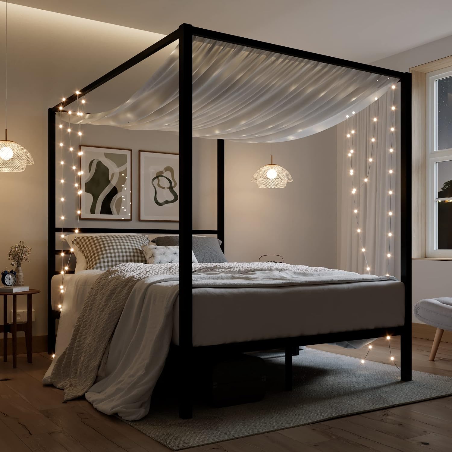 Canopy Bed Frame Metal Queen - โครงเตียงเหล็กแบบมีหลังคา ขนาดควีนไซส์ รองรับน้ำหนักได้ดี สีดำ ปรับแต่งได้