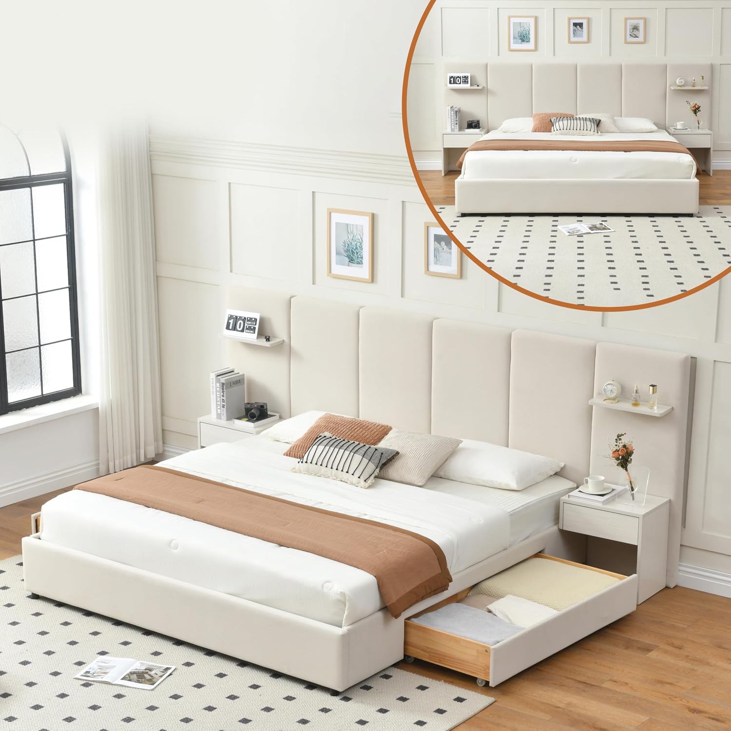 King Size Bed Frame With Storage Drawers - โครงเตียงขนาดคิงไซส์พร้อมที่เก็บของและโต๊ะข้างเตียงในตัวพร้อมลิ้นชัก สีเบจ | โครงเตียงแพลตฟอร์มหุ้มกำมะหยี่พร้อมชั้นวางลอย 4 ชั้น