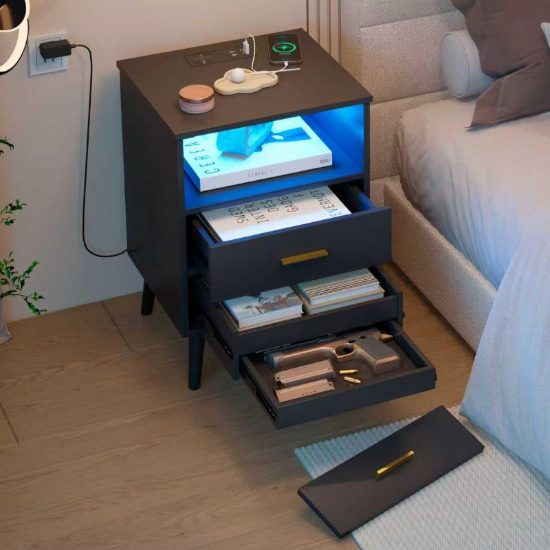 Solid Wood Nightstand 2 Drawers - โต๊ะข้างเตียงพร้อมลิ้นชัก ช่องเสียบชาร์จไฟ USB และ Type-C ไฟ