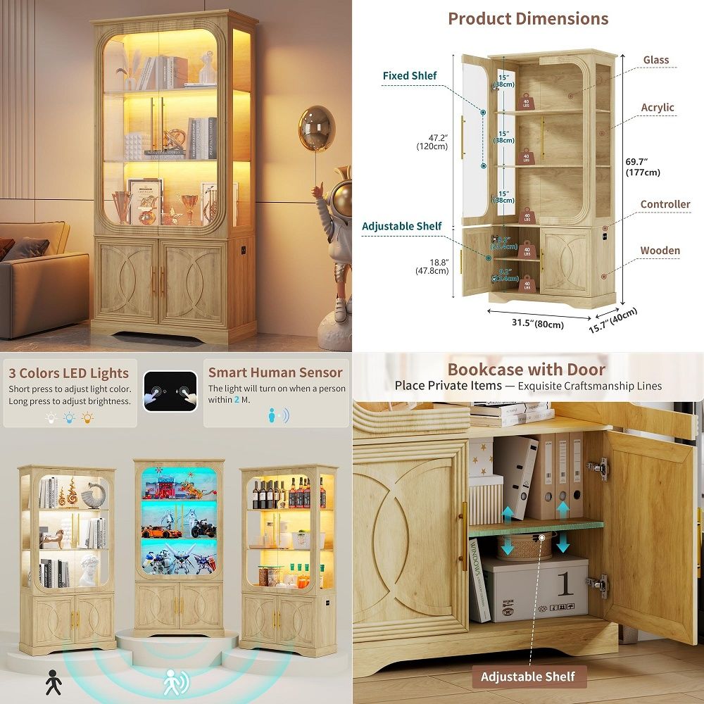 Storage - ตู้โชว์กระจกพร้อมชั้นวางของ ตู้โชว์สมัยใหม่สำหรับของสะสม ตู้โชว์ถ้วยรางวัล สีดำ 31.5