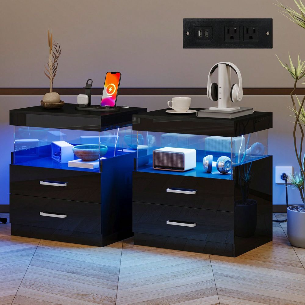 Floating Nightstand With Led Light - โต๊ะข้างเตียง LED สีดำพร้อมสถานีชาร์จ, โต๊ะข้างเตียงแบบเงาสูงพร้อมไฟ LED, โซฟาเบดอะคริลิกแบบลอยตัวสไตล์โมเดิร์น