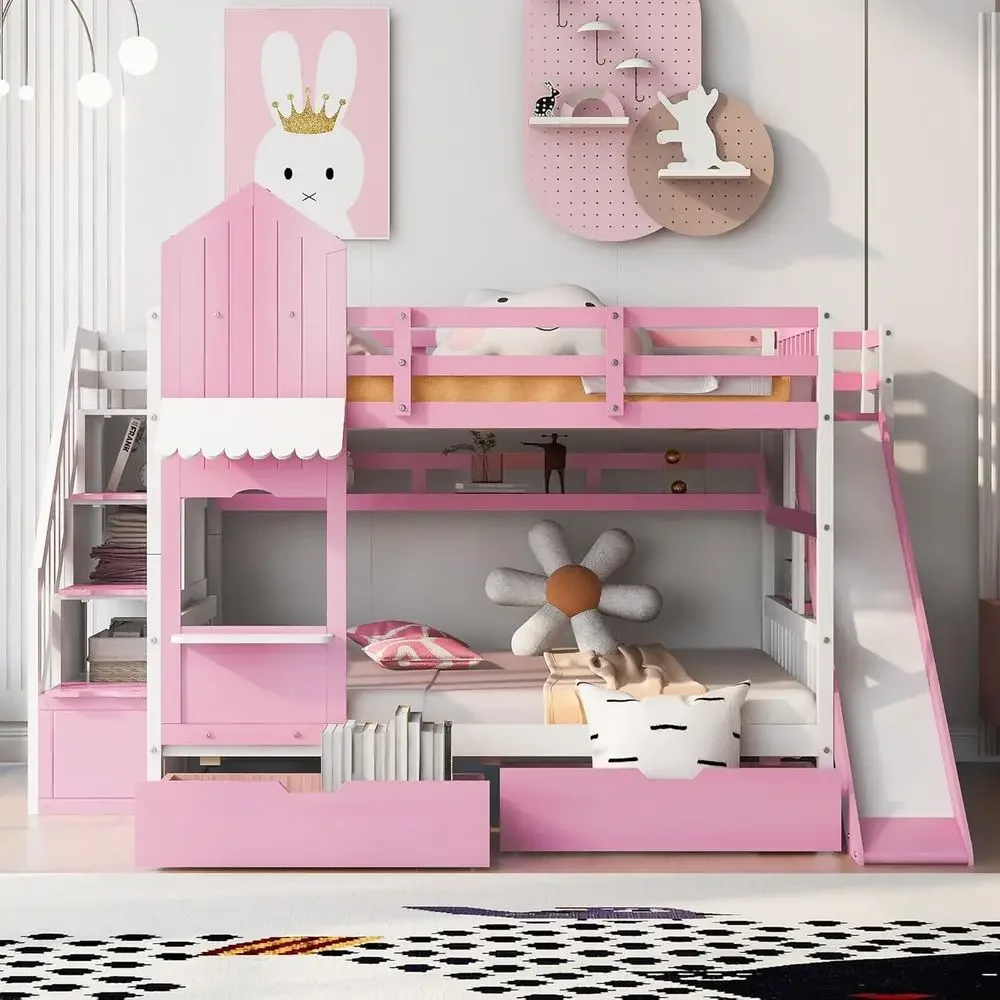 Bunk Bed With Stairs And Slide - เตียงสองชั้นสำหรับเด็กพร้อมบันได สไลเดอร์ และลิ้นชักเก็บของ รูปทรงปราสาท สำหรับเด็กหญิงและเด็กชาย สีชมพู