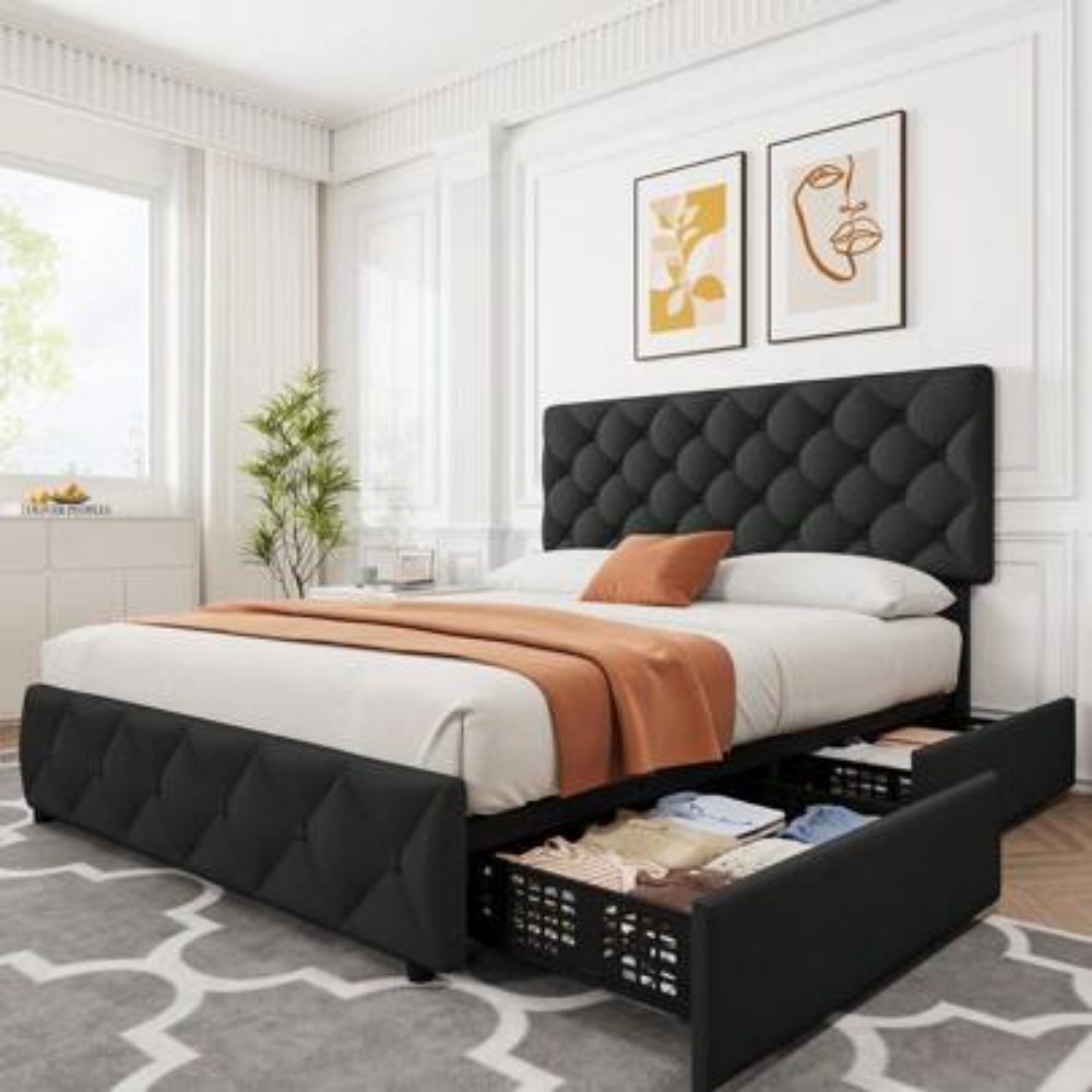 King Size Bed Frame With Storage Drawers - โครงเตียงขนาดควีนไซส์และคิงไซส์พร้อมลิ้นชักเก็บของ 4 ช่องและหัวเตียงปรับระดับได้ เตียงแพลตฟอร์มหุ้มผ้าลินิน ตกแต่งด้วยกระดุมเย็บลายเพชร ไม่ต้องใช้บ็อกซ์สปริง