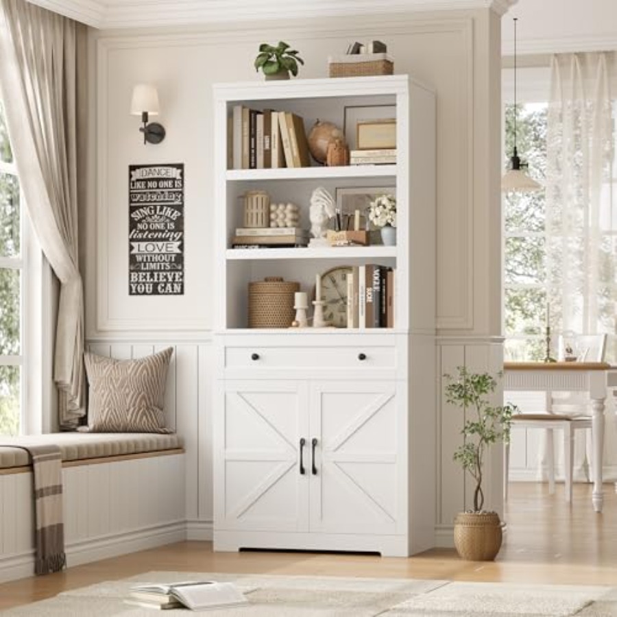 Storage - ชั้นวางหนังสือ 72H พร้อมที่เก็บของสำหรับห้องนั่งเล่น ทำจากไม้เอ็นจิเนียร์สีน้ำตาลเอสเปรสโซ ดีไซน์ตู้ลึกพร้อมชั้นวางปรับระดับได้