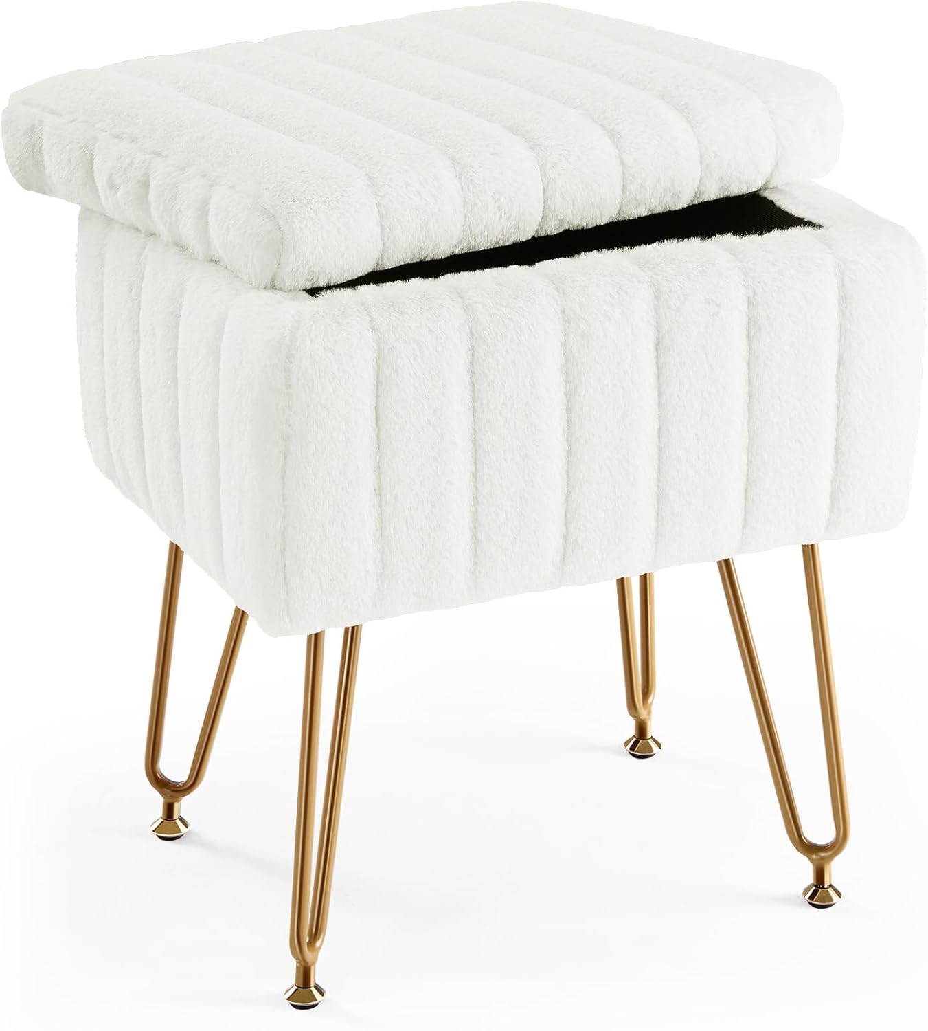 Bedroom Furniture - เก้าอี้สตูลเก็บของสีขาว, ออตโตมันบุผ้าขนสัตว์เทียมนุ่มสบาย, ขาโลหะ 4 ขาพร้อมขาปรับระดับกันลื่น, ที่วางเท้าดีไซน์ทันสมัยสำหรับทางเข้าและห้องนอน