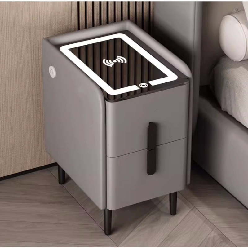 Solid Wood Nightstand 2 Drawers - โต๊ะข้างเตียงอัจฉริยะสไตล์นอร์ดิกพร้อมที่ชาร์จไร้สาย ไม้เนื้อแข็ง 2 ลิ้นชัก โต๊ะข้างเตียงในห้องนอนพร้อมตู้ข้างรูปตัวยู ขนาด