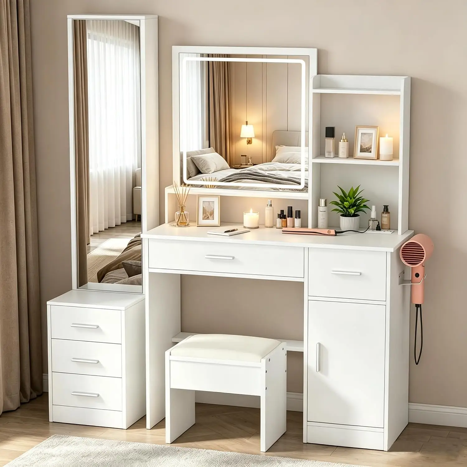 Dressing Table Vanity With Lighted Mirror - โต๊ะเครื่องแป้งพร้อมไฟและกระจก INTERGREAT, โต๊ะเครื่องแป้งสีขาว, โต๊ะแต่งหน้าพร้อมลิ้นชักขนาดใหญ่, 3 โหมดแสงสว่าง,