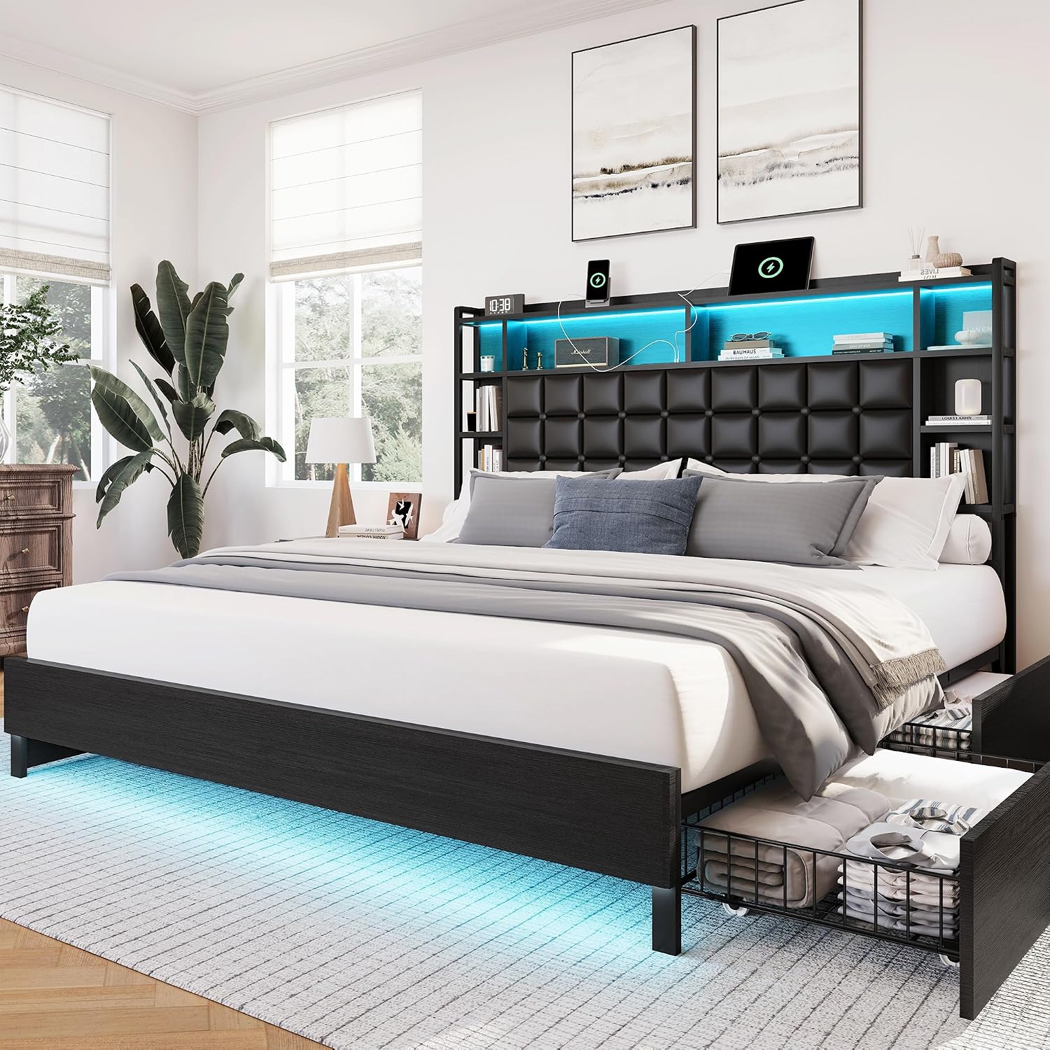 King Size Bed Frame With Storage Drawers - โครงเตียงไม้ขนาดคิงไซส์พร้อมลิ้นชักเก็บของและหัวเตียงแบบมีไฟ LED | โครงเตียงแพลตฟอร์มหุ้มหนังเทียม พร้อมชั้นเก็บของและชั้นวางหนังสือ