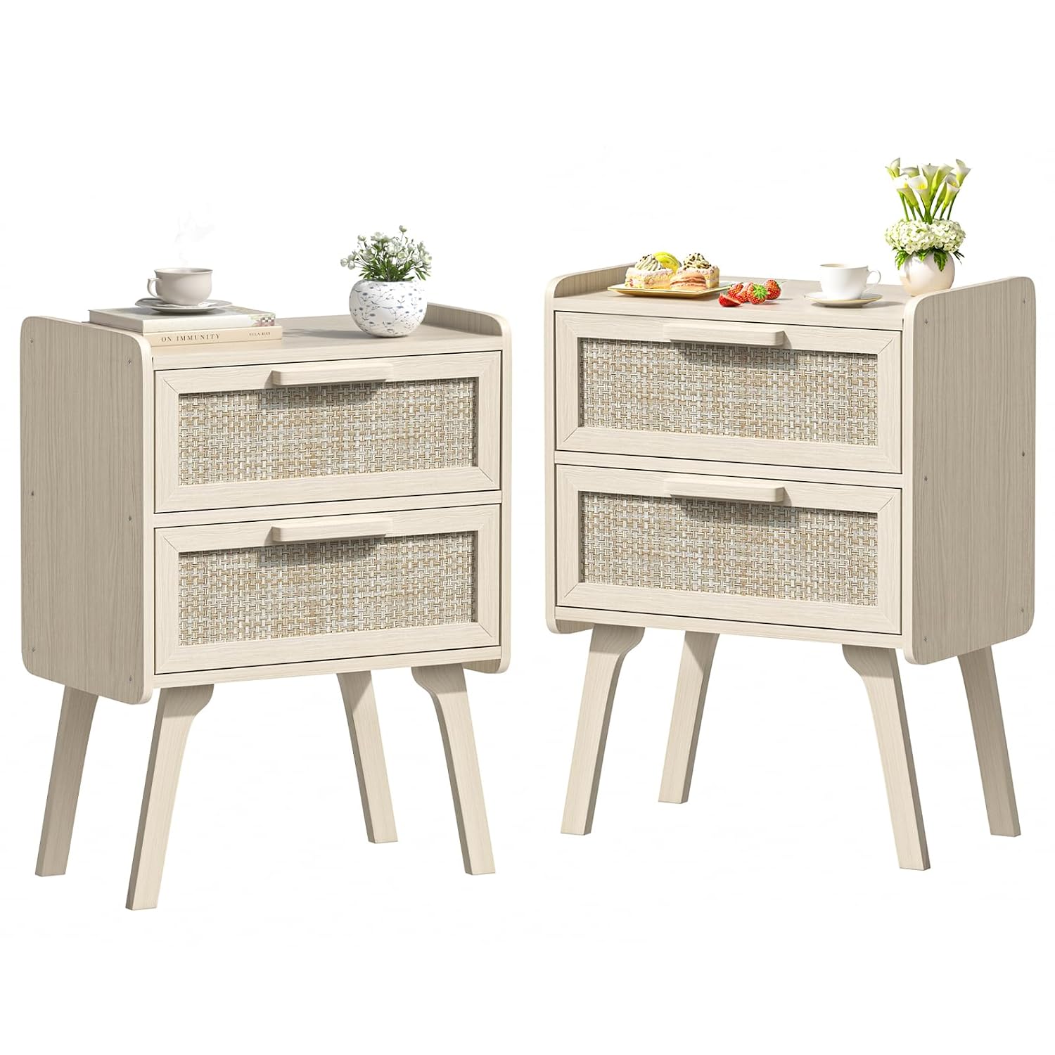 Solid Wood Nightstand 2 Drawers - ชุดโต๊ะข้างเตียงหวาย 2 ตัว, โต๊ะข้างเตียง 2 ลิ้นชักพร้อมขาไม้เนื้อแข็งสำหรับห้องนอน