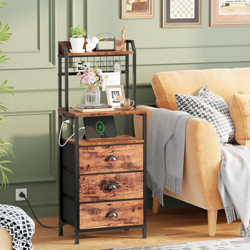 Solid Wood Nightstand 2 Drawers - โต๊ะข้างเตียงสูง 40 นิ้ว พร้อมสถานีชาร์จไฟ ไฟ LED