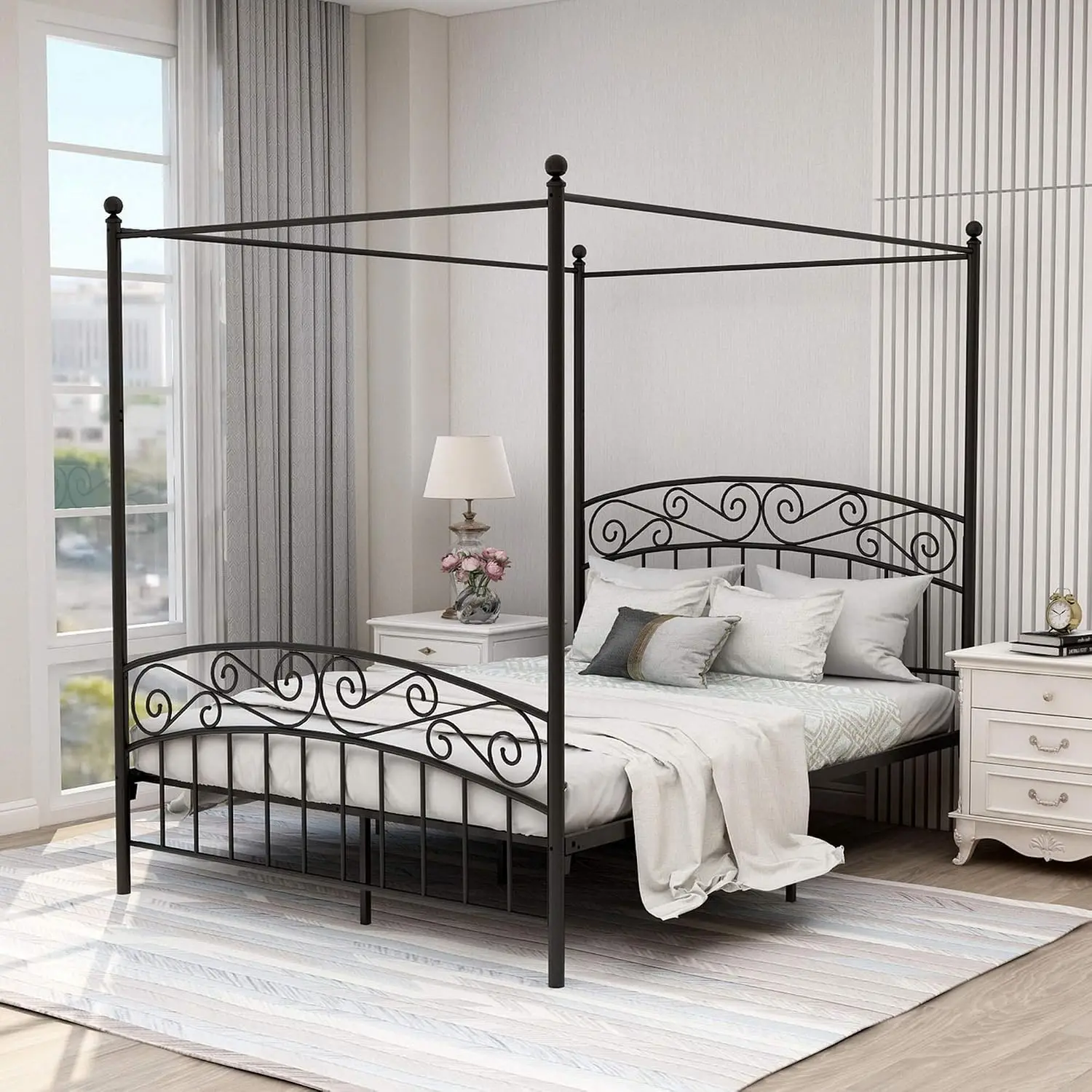 Canopy Bed Frame Metal Queen - โครงเตียงแบบมีหลังคาขนาดควีนไซส์ เตียงโครงเหล็กแบบสี่เสาพร้อมหัวเตียงและท้ายเตียง โครงสร้างแข็งแรงทนทานพร้อมแผ่นรองรับเหล็ก