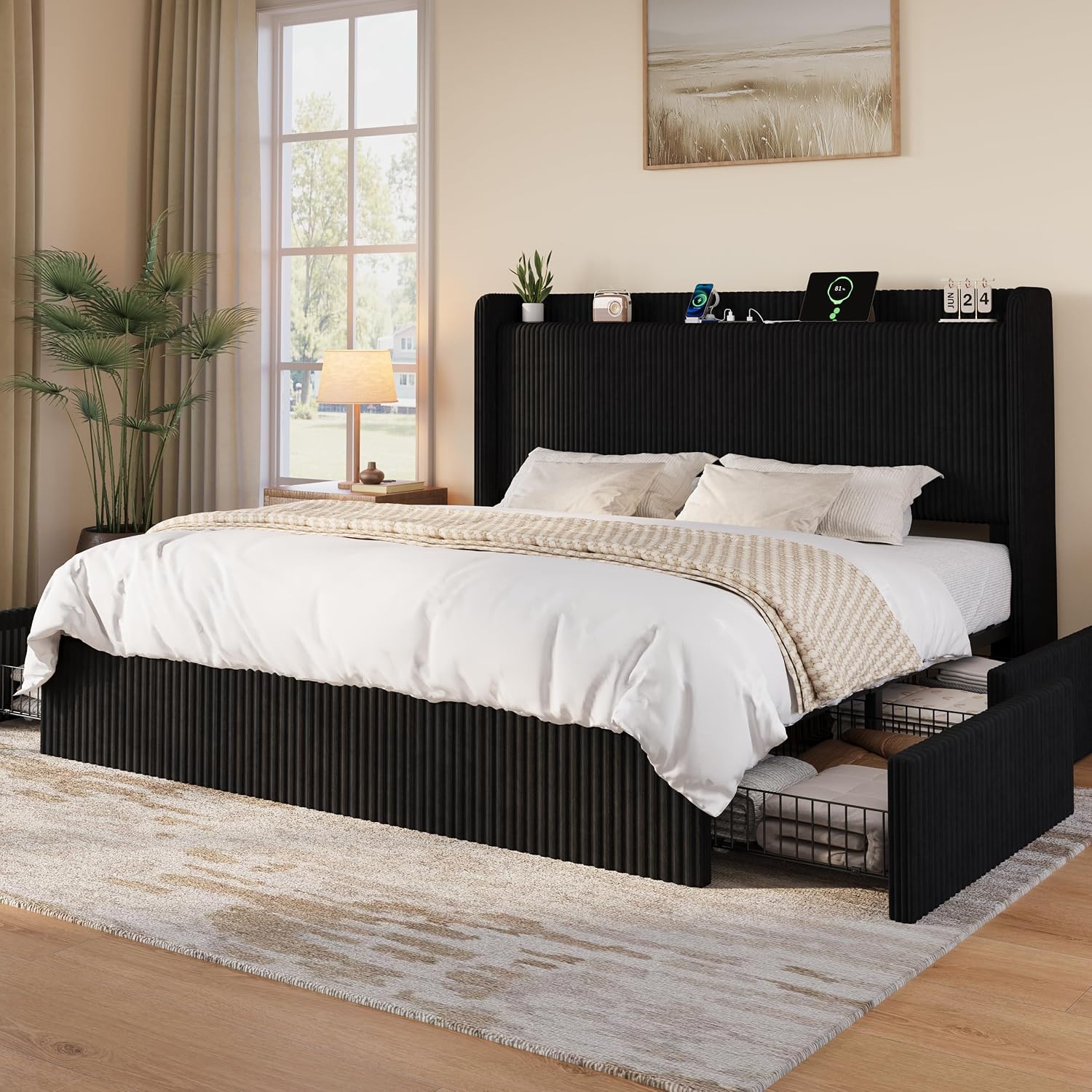 King Size Bed Frame With Storage Drawers - โครงเตียงขนาดคิงไซส์พร้อมลิ้นชักเก็บของขนาดใหญ่ 4 ช่อง สีดำ ปรับแต่งได้