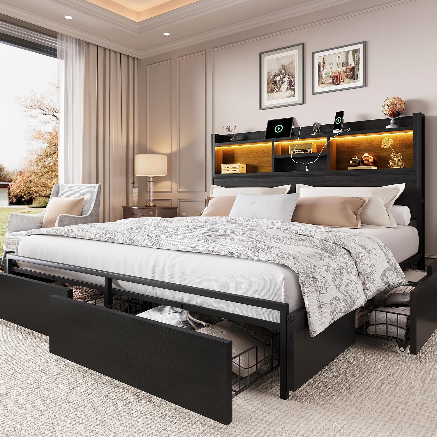 King Size Bed Frame With Storage Drawers - โครงเตียงขนาดคิงไซส์พร้อมลิ้นชักเก็บของ 6 ช่องและหัวเตียง โครงเตียงไม้พร้อมไฟ LED และที่ชาร์จ