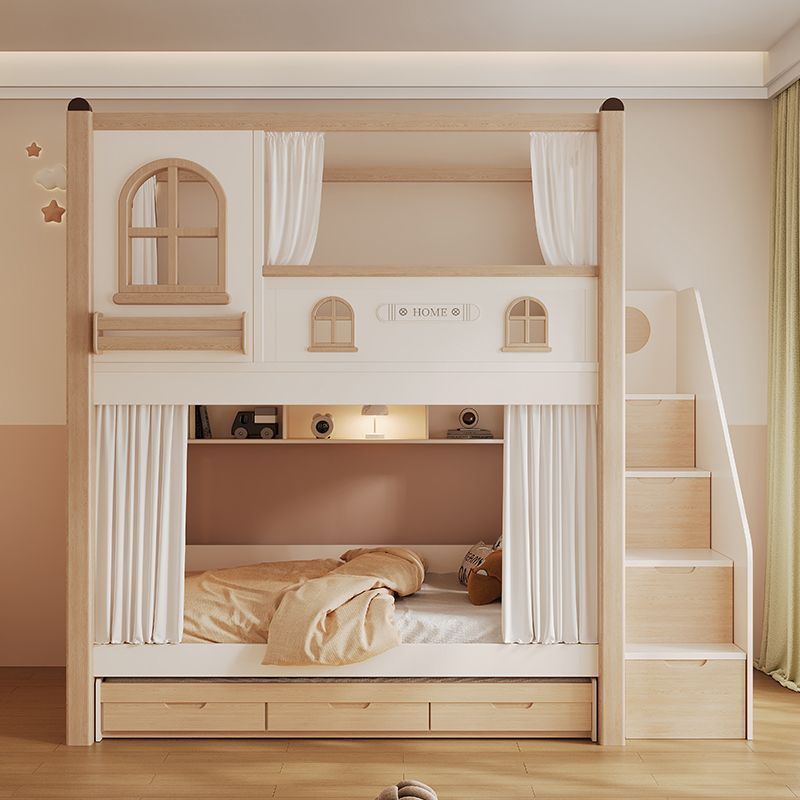 Bunk Bed With Stairs And Slide - เตียงสองชั้นสำหรับเด็กพร้อมสไลเดอร์และบันไดเก็บของ ขนาดควีนไซส์ เฟอร์นิเจอร์ห้องนอนเด็ก พร้อมชั้นวางของและราวกั้น เตียงเด็ก