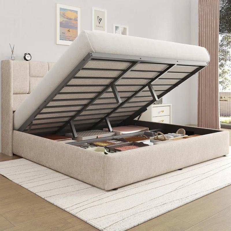 Gas Lift Storage Bed Hydraulic - โครงเตียงพร้อมระบบยกเก็บของด้วยแก๊สไฮดรอลิก หุ้มด้วยผ้าลินิน