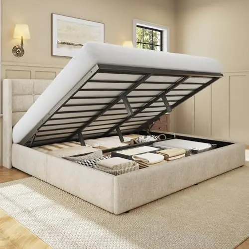 Gas Lift Storage Bed Hydraulic - เตียงยกเก็บของขนาดคิงไซส์, เตียงแพลตฟอร์มหุ้มผ้าลินินพร้อมหัวเตียงแบบมีปีก, ระบบไฮดรอลิกแก๊สสำหรับงานหนัก