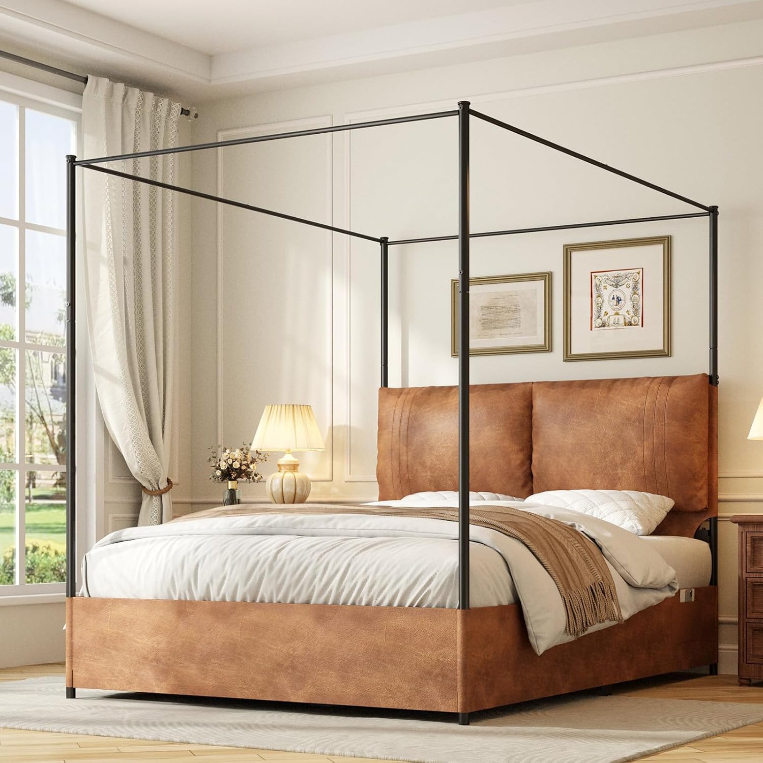 Canopy Bed Frame Metal Queen - โครงเตียงควีนไซส์พร้อมหัวเตียงสูงหุ้มด้วยหนังเทียม | เตียงแพลตฟอร์มโลหะสี่เสาแบบโมเดิร์น พร้อมปรับแต่งได้