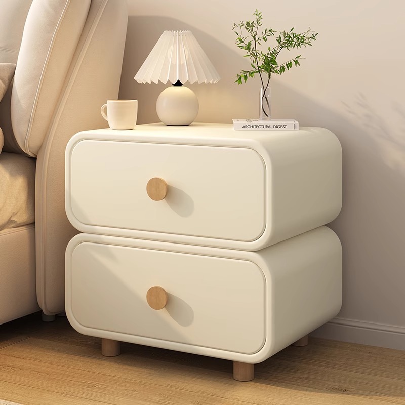 Solid Wood Nightstand 2 Drawers - ตู้ข้างเตียงสีครีมสไตล์มินิมอล ขอบโค้งมน 2 ลิ้นชัก ที่เก็บของ ขาไม้เนื้อแข็ง