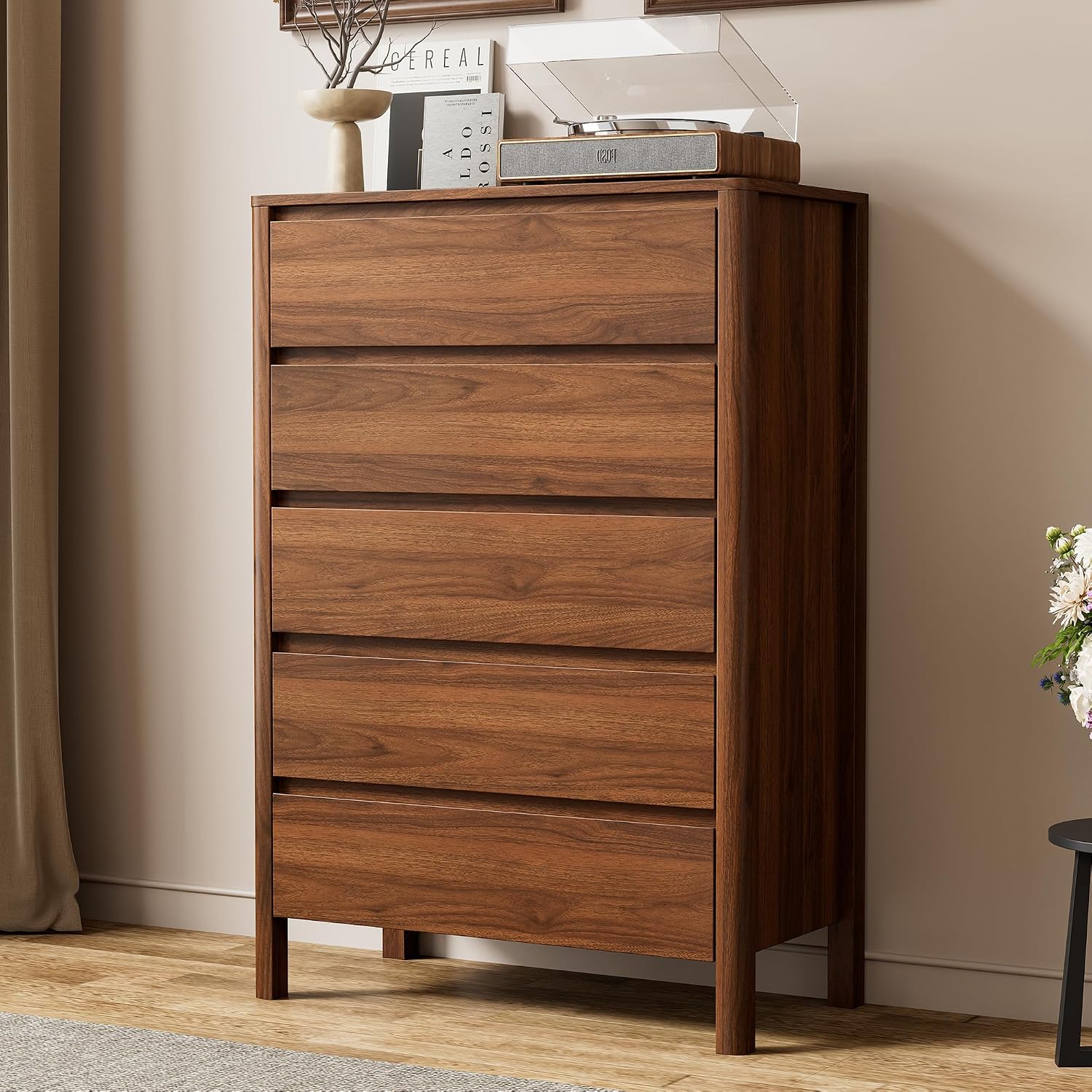 Bedroom Furniture - ตู้เก็บของไม้ห้าลิ้นชัก ตู้ลิ้นชักทรงสูงแนวตั้งพร้อมขาไม้เนื้อแข็ง เฟอร์นิเจอร์สำหรับห้องนอน ห้องนั่งเล่น ตู้เสื้อผ้า ทางเข้าบ้าน