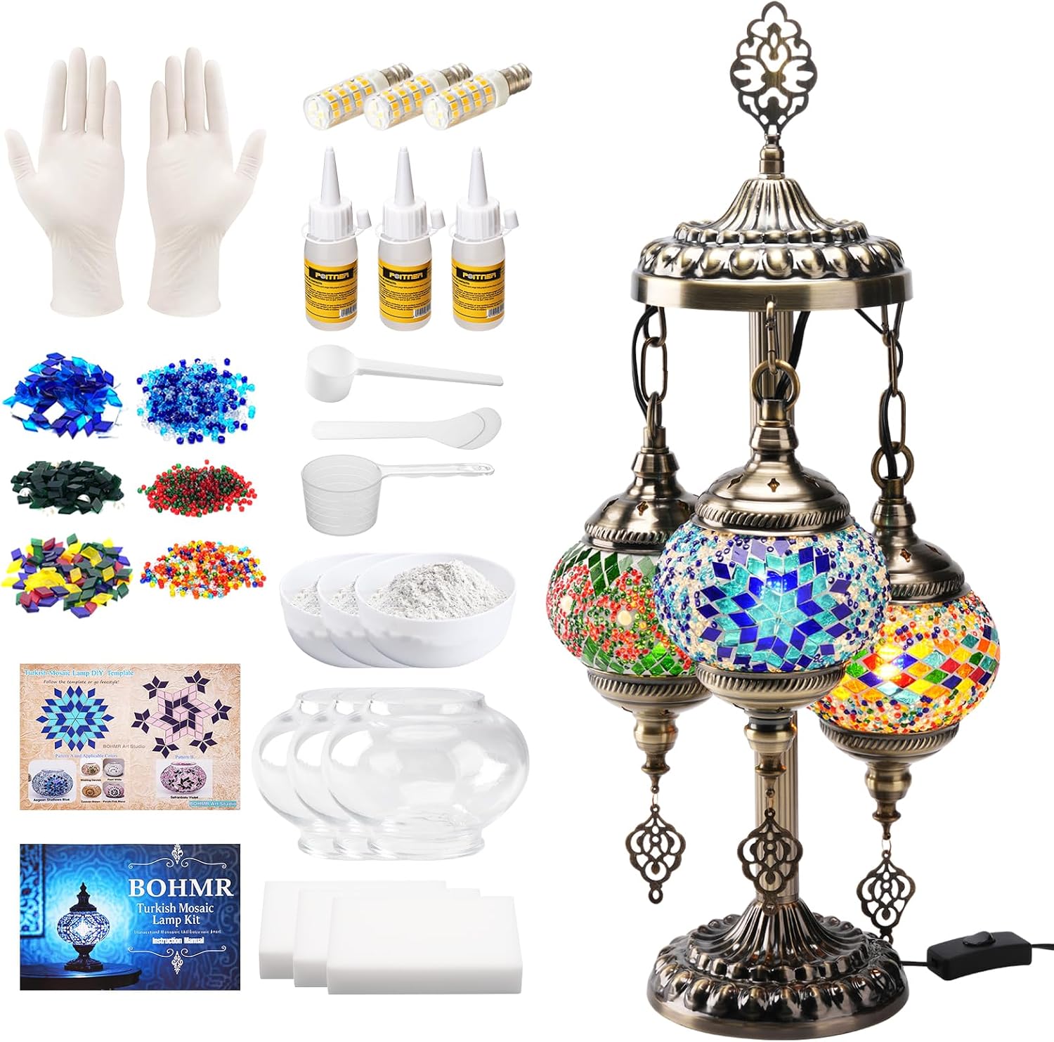 Tables - ชุดทำโคมไฟโมเสคแบบตุรกี 3 ทรงกลม DIY, ชุดทำโคมไฟตั้งโต๊ะกระจกสีสูง 23