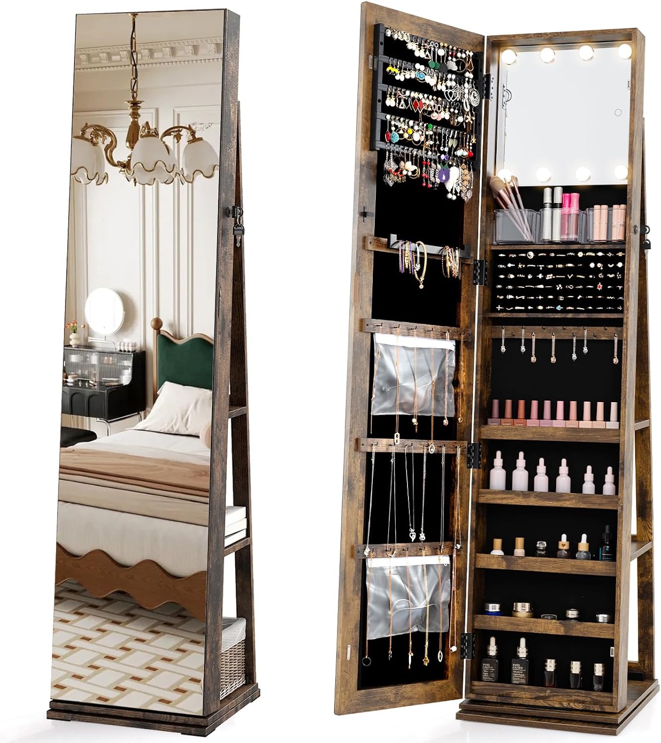Full Length Mirror Jewelry Armoire - ตู้เก็บเครื่องประดับแบบหมุนได้พร้อมกระจกเงาเต็มตัว กระจกแต่งหน้ามีไฟ ตู้เก็บของหมุนได้ 360 องศา สำหรับเก็บต่างหู