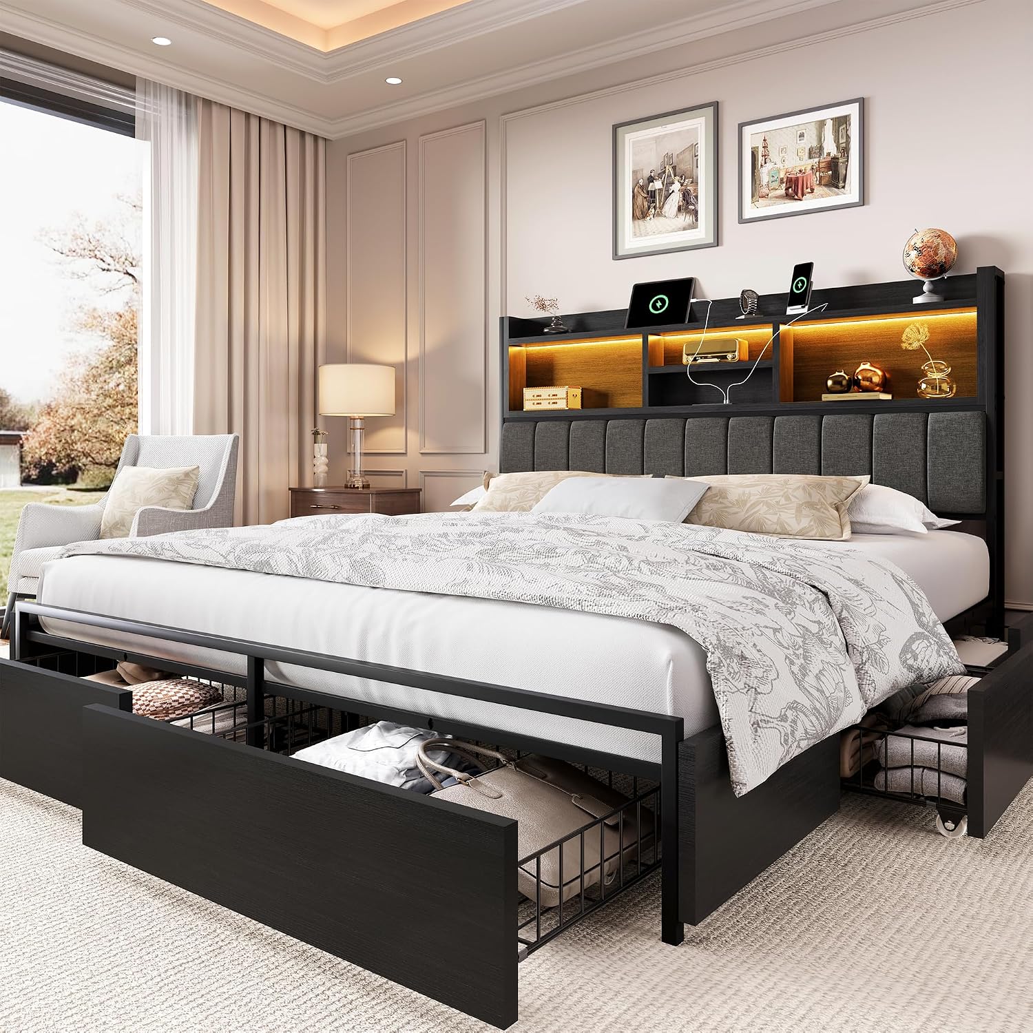 King Size Bed Frame With Storage Drawers - โครงเตียงคิงไซส์พร้อมลิ้นชักเก็บของ 6 ช่อง, โครงเตียงคิงไซส์พร้อมหัวเตียงหุ้มผ้าลินิน, มีที่ชาร์จในตัว, ปรับแต่งได้