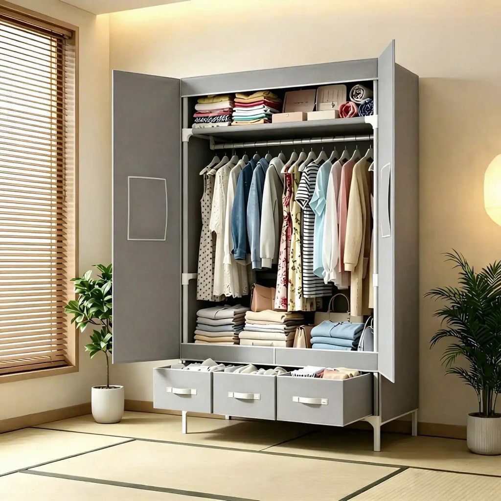 Wardrobe Closet Portable Fabric Cover - ตู้เสื้อผ้าแบบพกพา ขนาด 57.48 นิ้ว พร้อมราวแขวน 3