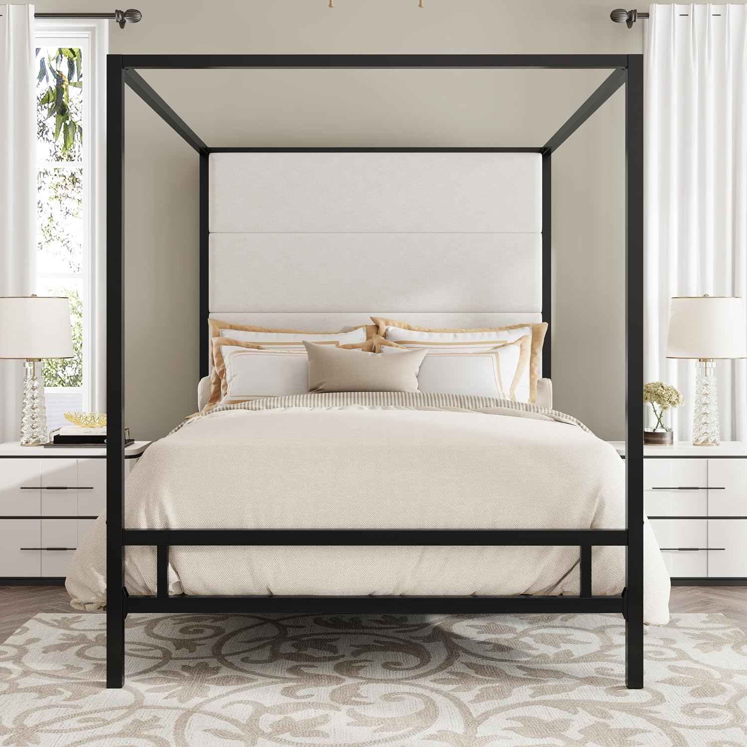 Canopy Bed Frame Metal Queen - โครงเตียงควีนไซส์แบบมีหลังคา โครงโลหะ หัวเตียงบุผ้า แข็งแรงทนทาน ประกอบง่าย ปรับแต่งได้
