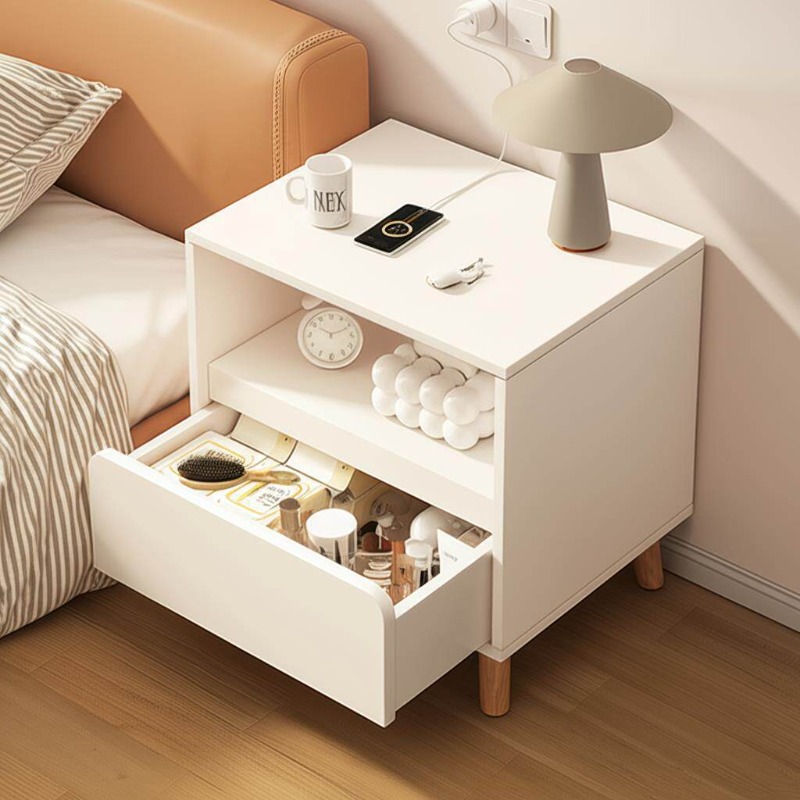 Solid Wood Nightstand 2 Drawers - โต๊ะข้างเตียงสีขาว ห้องนอนพร้อมลิ้นชัก ตู้เก็บของ ขาไม้เนื้อแข็ง โต๊ะข้างเตียง โต๊ะข้างเตียงแบบมีขอบเก็บของ